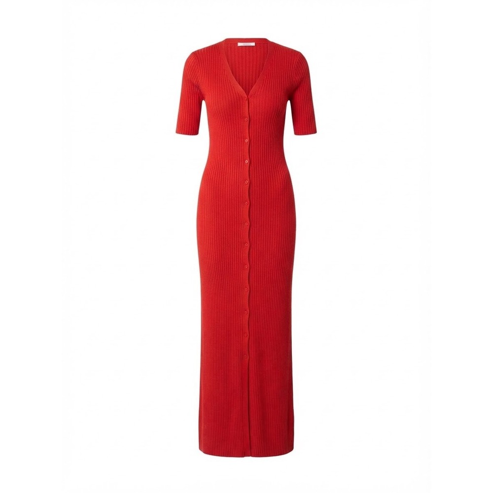 Zara Ribbed Knit Maxi Dress Women S Red Button Front Short Sleeve Excellent